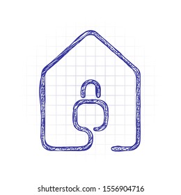 house with lock icon. line style. Hand drawn sketched picture with scribble fill. Blue ink. Doodle on white background