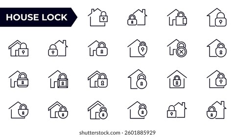 House with Lock Line Icon set. Minimalistic Linear Pictogram for Web and Graphic Design, Apps, Banners, Social Network and Cards