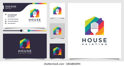 House logo with color paint brush concept and business card design Premium Vector