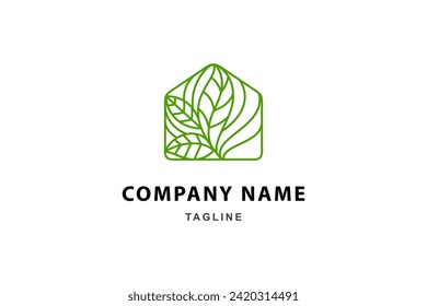 house logo with combination of natural leaf plants in line art design style
