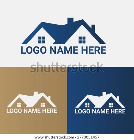 House logo design with customizable text on white, brown, and blue backgrounds