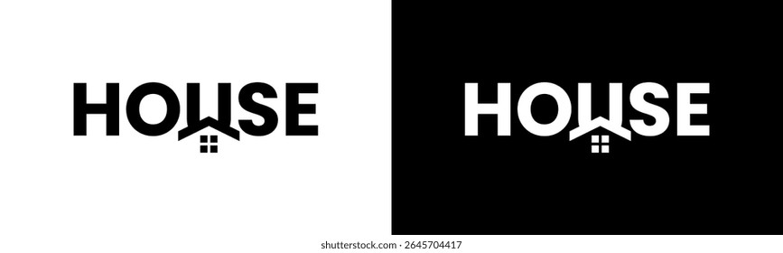House Logo design. Modern wordmark House with roof logo design. In black and white version vector illustration.