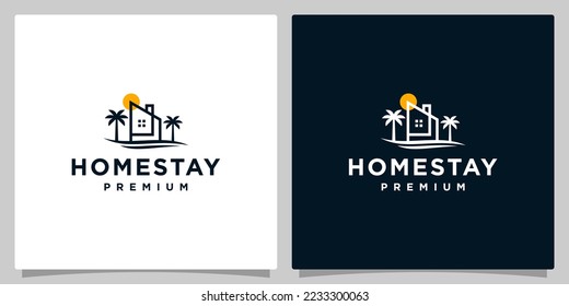 House logo design template with Tropical beach and palm tree design vector illustration. home stay or hotel icon, symbol, creative.