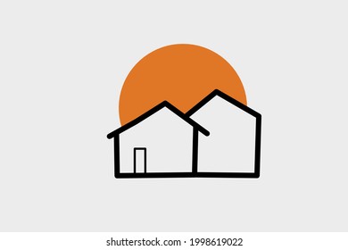 house logo with elegant round sun, simple
