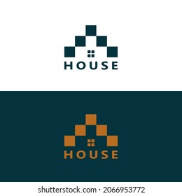 Logotipo de la casa con estilo de puntos cuadrados geométricos aislados en doble fondo. Elemento de plantilla de diseño de logotipo de vectores planos utilizable para logotipos de construcción, arquitectura y construcción inmobiliaria.