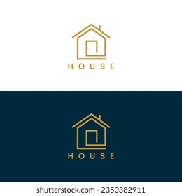 House Logo. Gold House Symbol Geometric Linear Style isolated on Double Background. Usable for Real Estate, Construction, Architecture and Building Logos. Flat Vector Logo Design Template Element.