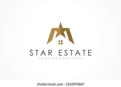 House Logo. Gold House Symbol with Star Combination isolated on White Background. Usable for Real Estate, Construction, Architecture and Building Logos. Flat Vector Logo Design Template Element.
