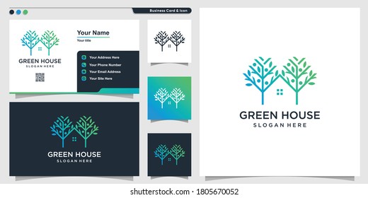 Logotipo de la casa con estilo de naturaleza verde y diseño de tarjeta de visita, árbol, hoja, logotipo, vector premium