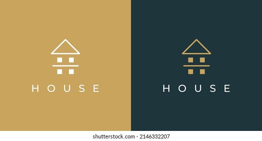 House Logo Image. White and Gold Simple House Symbol isolated on Double Background. Usable for Real Estate, Construction, Architecture and Building Logos. Flat Vector Logo Design Template Element.