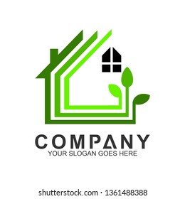 house logo, house with leaf shape, green building, health home