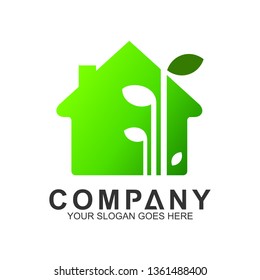 house logo, house with leaf shape, green building, health home
