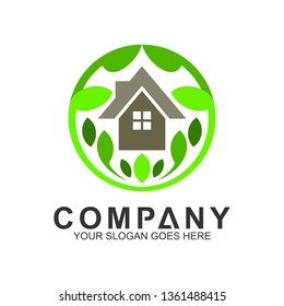 house logo, house with leaf shape, green building, health home
