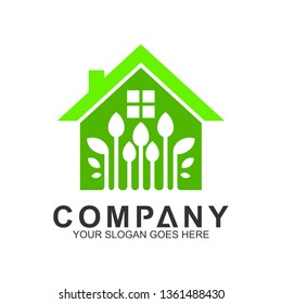 house logo, house with leaf shape, green building, health home