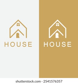 Huis Logo lijn. Witte en Gouden Huis Symbool geïsoleerd op Dubbele Achtergrond. Geschikt voor onroerend goed, bouw, architectuur en bouwlogo's. Platte Vector Logo Design Template Element.
