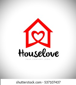 House logo with Love Symbol and Red Color. Creative House Logo with heart love icon.