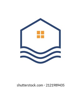 Logotipo de la casa con olas oceánicas, adecuado para logotipos de vivienda cerca de la playa