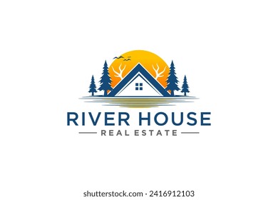House logo residential business property, pine tree and river lake illustration.