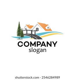 House logo residential business property, pine tree and river lake illustration vector eps-10