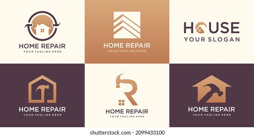 house Logo Set, Creative Home repair Logo Collection combined hammer element, Abstract Buildings Logo Set.