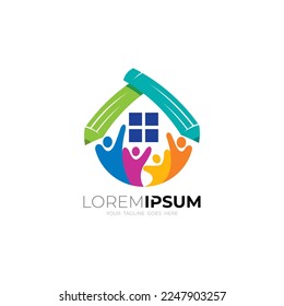 House logo with student design combination, colorful style, pencil icon