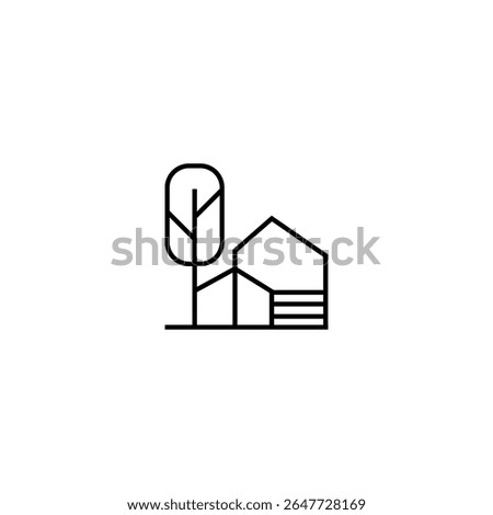 house logo with tree in abstract minimalist line art design style