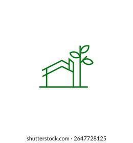 house logo with tree in green line art design style