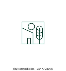 Haus-Logo mit Baum und Sonne im linearen Design Stil quadratisch Form