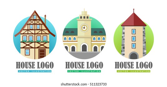 House logo vector illustration web buttons set. Building with clock, cottage house icon sign symbol. Windows in arc form. Tower with big clock in center of building. Flat style logo in circle