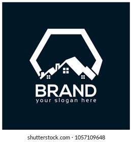 House logo vector on blue background. Flat logo design. Black House.