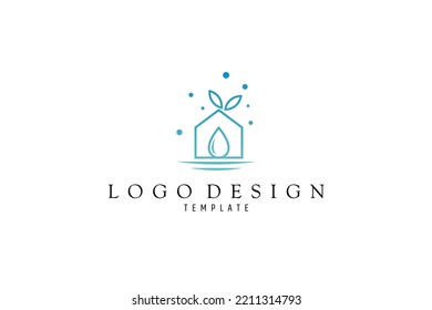 House logo with water drop variation decorated with water bubbles and leaves on it
