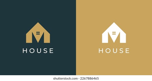 House Logo. White and Gold House Symbol with M Letter isolated on Double Background. Usable for Real Estate, Construction, Architecture and Building Logos. Flat Vector Logo Design Template Element.