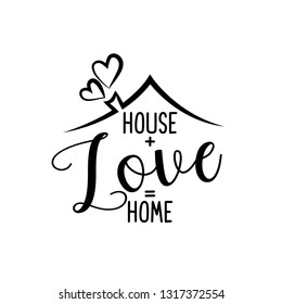 House + Love = Home - Typography poster. Handmade lettering print. Vector vintage illustration with house hood and lovely heart and incense chimney. 