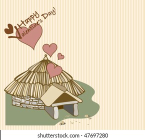 house lovers from which fly hearts, showing a picture inside the house, humor