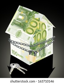 The house made of 100 Euro banknotes with lock and keys