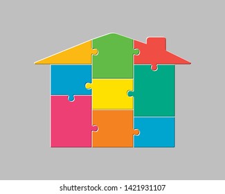 House Made Of 9 Puzzles. Modern House Banner Puzzle White Pieces For Concept Design. Jigsaw Home, Building, Exterior. Puzzle Construction Renting, Leasing, Mortgage. Infographic Template Presentation.