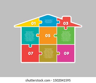 House Made Of 9 Puzzles. Modern House Banner Puzzle White Pieces For Concept Design. Jigsaw Home, Building, Exterior. Puzzle Construction Renting, Leasing, Mortgage. Infographic Template Presentation.