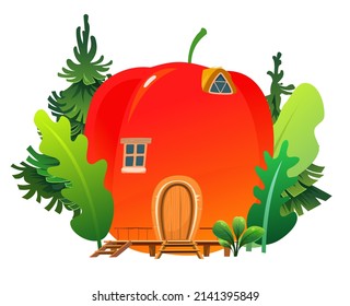 House made of apple among grass in meadow. Cartoon fairy tale illustration. Insect dwelling. Isolated on white background. Vector.