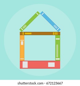 The house is made of books, many books. Flat design, vector illustration, vector.