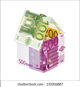 House made of euro banknotes, isolated on the white background
