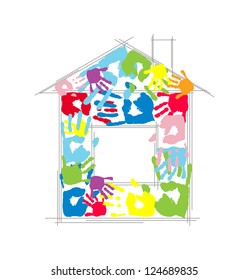 House made from family's handprints. Vector concept.