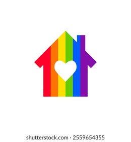 House made of rainbow flag as LGBT friendly home concept. Colorful residential building icon with roof, chimney and heart shape symbol. Vector illustration isolated on white background.