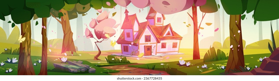 House in magic spring forest. Vector cartoon illustration of nice old cottage on sunny glade with blooming trees, pink flowers and butterflies flying in air, stone footpath, fairytale game background