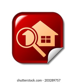 House and magnifier icon on red web sticker