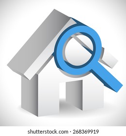 House with Magnifier. Icon for real estate, renovation, searching for a house concepts.