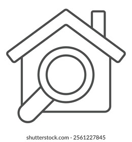 House with magnifier thin line icon, housing market research concept. Vector graphics. Cottage building and magnifying glass sign on white background, outline style icon for mobile or web design