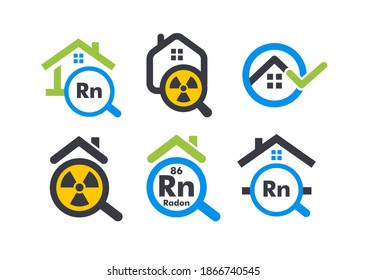 House with magnifying flat cartoon style vector logo concept. Radon home testing company isolated icon on white background. Removal of radioactive gases sign collection for business and startup