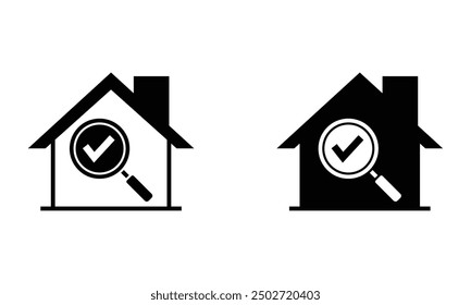 house with magnifying glass and checkmark, illustration of housing search icon vector