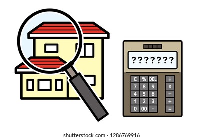 house and magnifying glass and electronic calculator