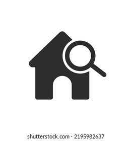 House and a magnifying glass icon. Monochrome black and white symbol