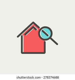 House and magnifying glass icon thin line for web and mobile, modern minimalistic flat design. Vector icon with dark grey outline and offset colour on light grey background.